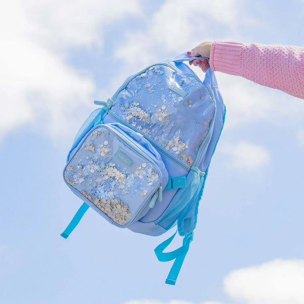 Mochila de 17" para niñas, azul y rosa de brillo