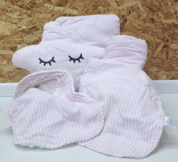 Set para bebe en algodón, Almohaditas, Manta y baberos estampado gris con lunares