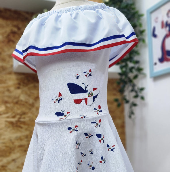 Vestido para niñas inspirado en la bandera dominicana, Vestido Dominicano con mariposas. Disponible desde talla 12 meses hasta #12