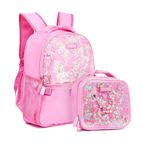 Mochila de 17" para niñas, azul y rosa de brillo