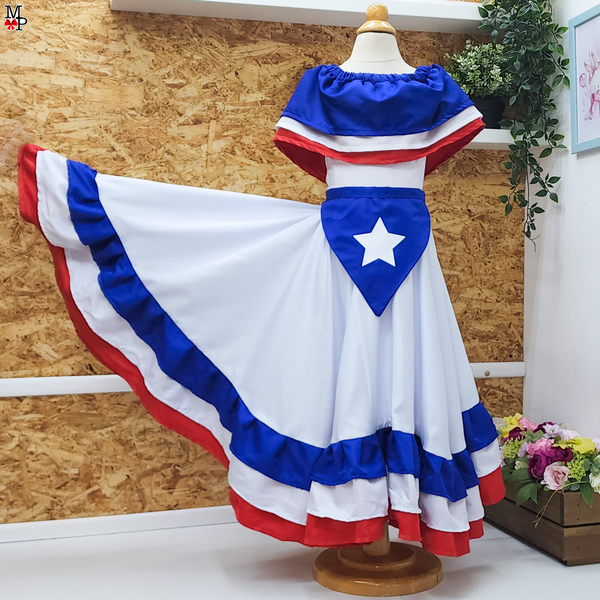 Conjunto típico Puerto Rico,  Boricua, Leotardo, falda de vuelos y accesorio para el pelo combinado