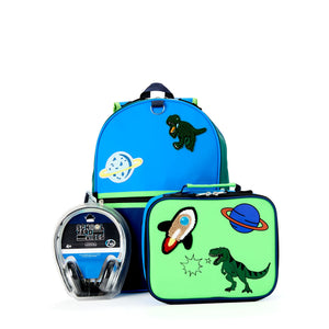 Mochila de 17" para niños, Set de 3 piezas, incluye mochila, lonchera y auriculares. Dinosaurio