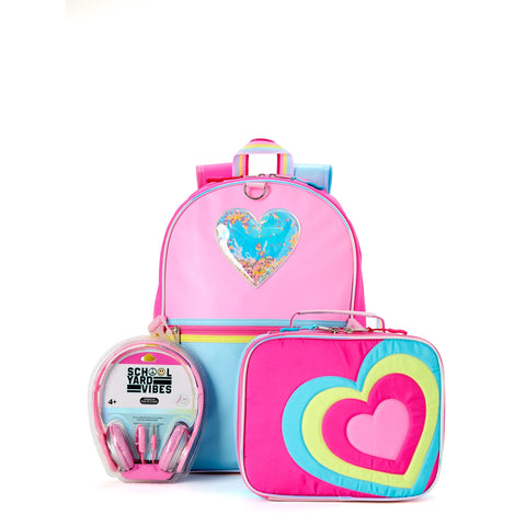 Mochila de 17" para niñas, Set de 3 piezas, incluye mochila, lonchera y auriculares. Corazones