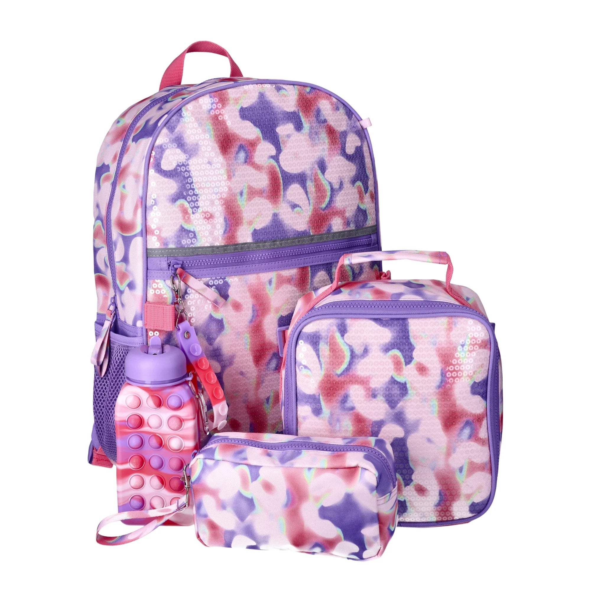 Mochila de 17" para niñas y niños, Set de 5 piezas, incluye mochila, lonchera, porta lapices y termo. Morado