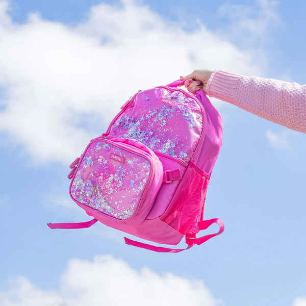 Mochila de 17" para niñas, azul y rosa de brillo