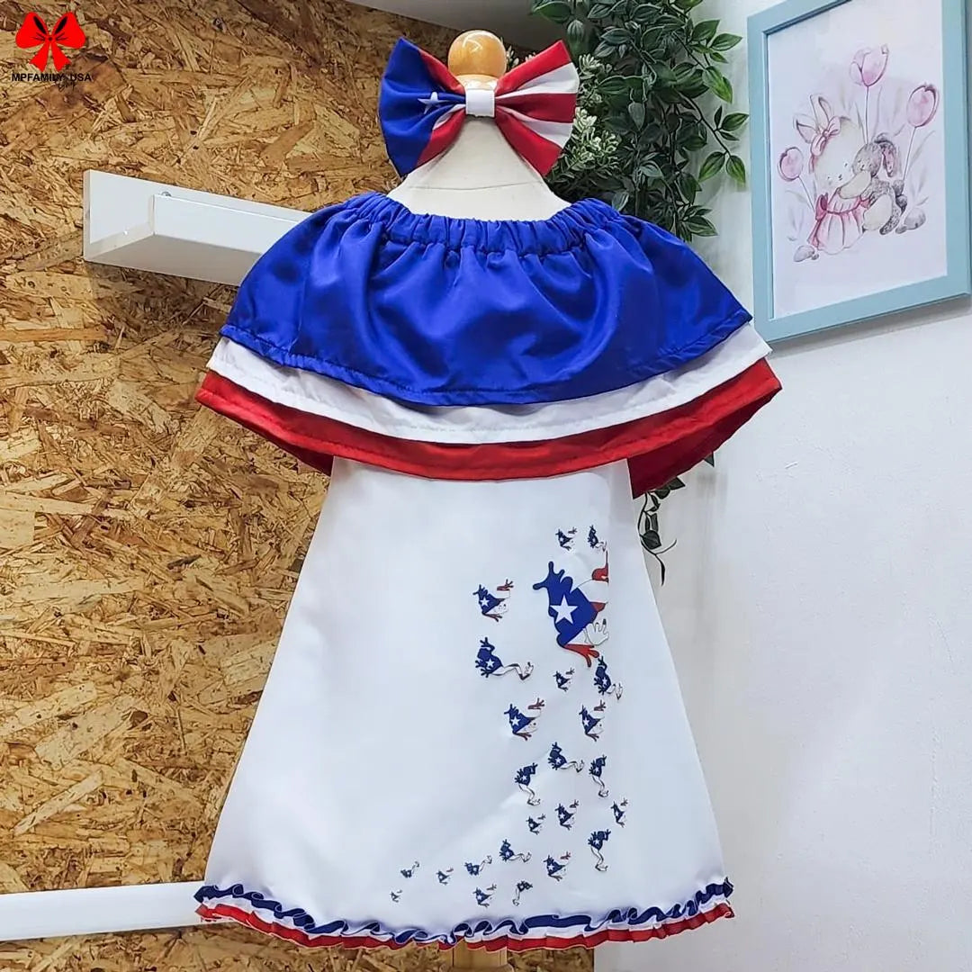 Vestido para niñas inspirado en la bandera de Puerto Rico, Vestido de Puerto Rico con Coqui y accesorio combinado. Disponible desde talla 12 meses hasta #10