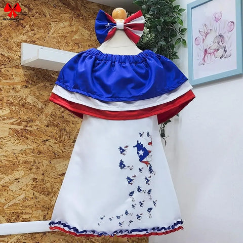 Vestido para niñas inspirado en la bandera de Puerto Rico, Vestido de Puerto Rico con Coqui y accesorio combinado. Disponible desde talla 12 meses hasta #10
