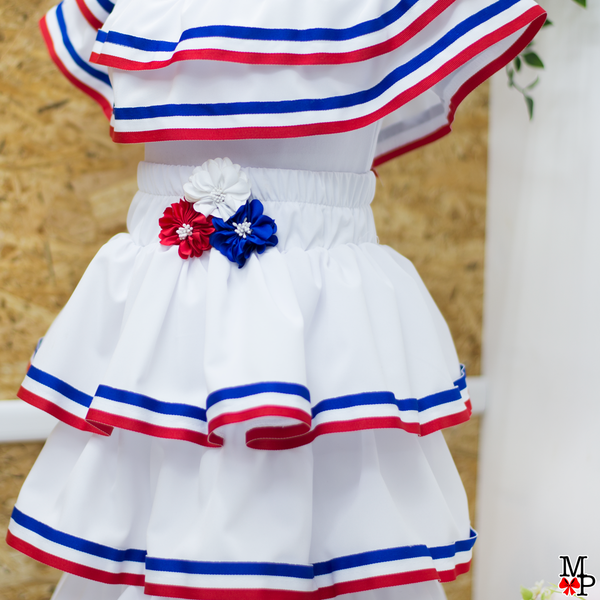 Conjunto blanco Dominicano, Leotardo, falda de vuelos y accesorio para el pelo combinado. Disponible desde talla 12 meses hasta XXL de mujer
